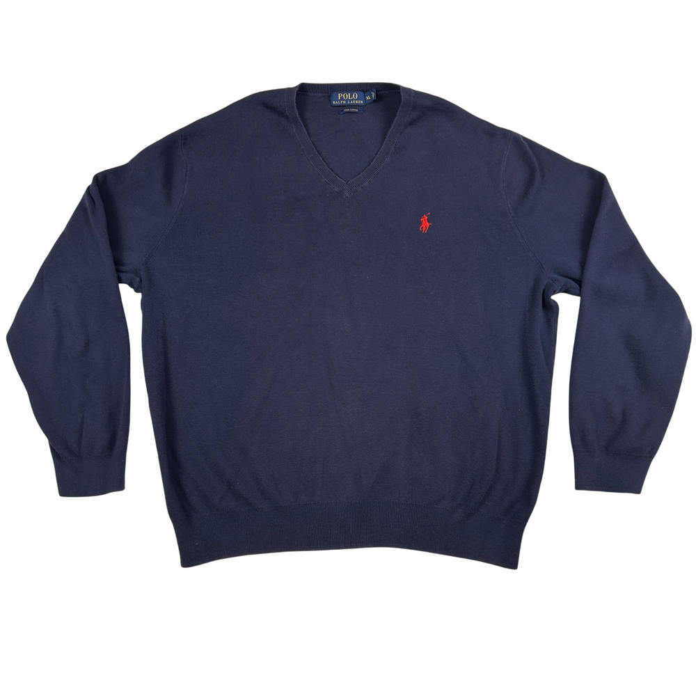 Polo Ralph Lauren Sweater Mens XL V-Neck Pima Cotton Navy Blue Red Logo